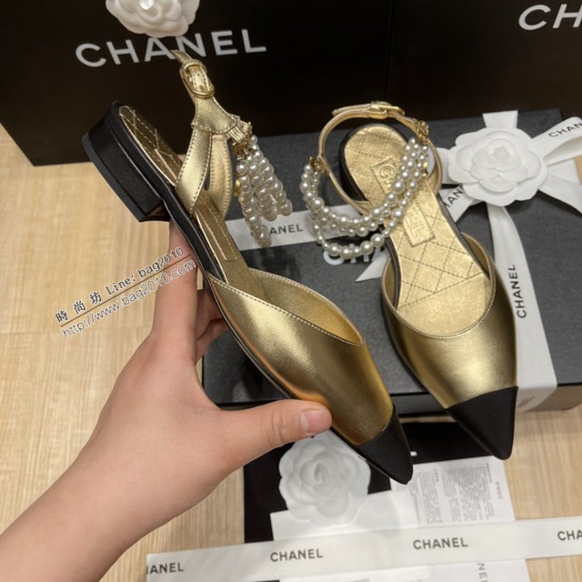 chanel2022最新爆款珍珠涼鞋 香奈兒尖頭平跟涼鞋 dx3354